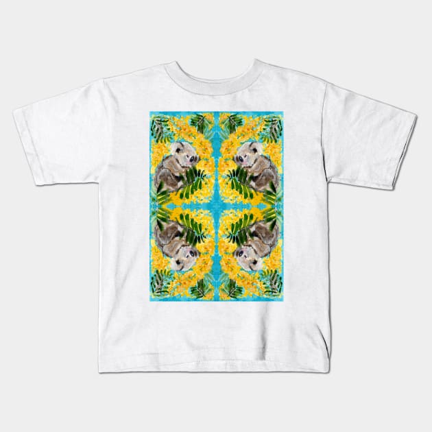 Koala Floral Mimosa Flower Embrace Watercolour Kids T-Shirt by Jaana Day